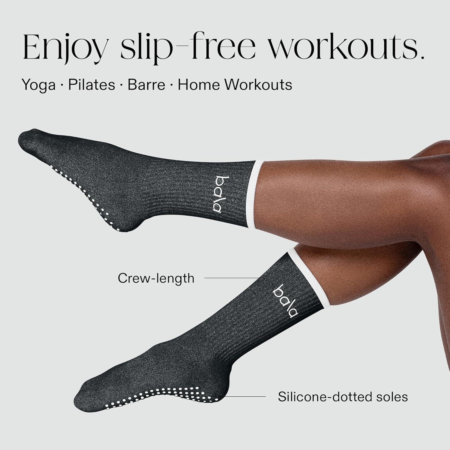 image:imageBala High Sock with Grips Classic Crew SlipFree High Socks Designed for Yoga Pilates Barre amp Home Workouts LightweightCharcoal